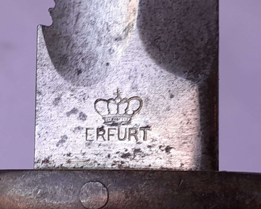 "Reserved" WW1 German South West Africa 1909 Erfurt Sawback Bayonet. Matching Numbers Scabbard.