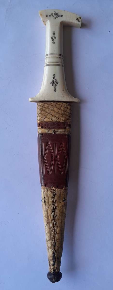 Rare Antique Anglo-Egyptian Sudan Dagger. Hippo Tusk Handle. Crocodile and Camel Sheath.