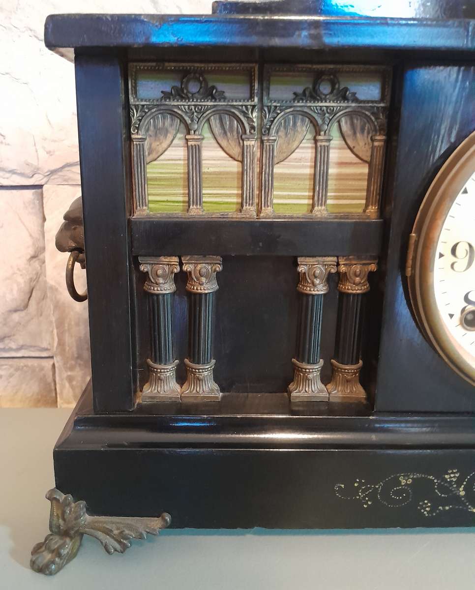 Antique Large Ingraham 8-Column Ebonized Mantel Clock. Running. 51cm.