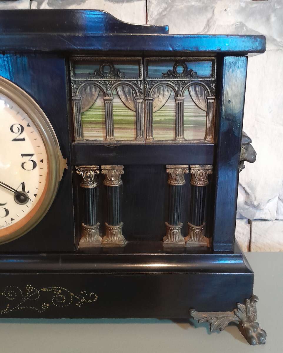 Antique Large Ingraham 8-Column Ebonized Mantel Clock. Running. 51cm.