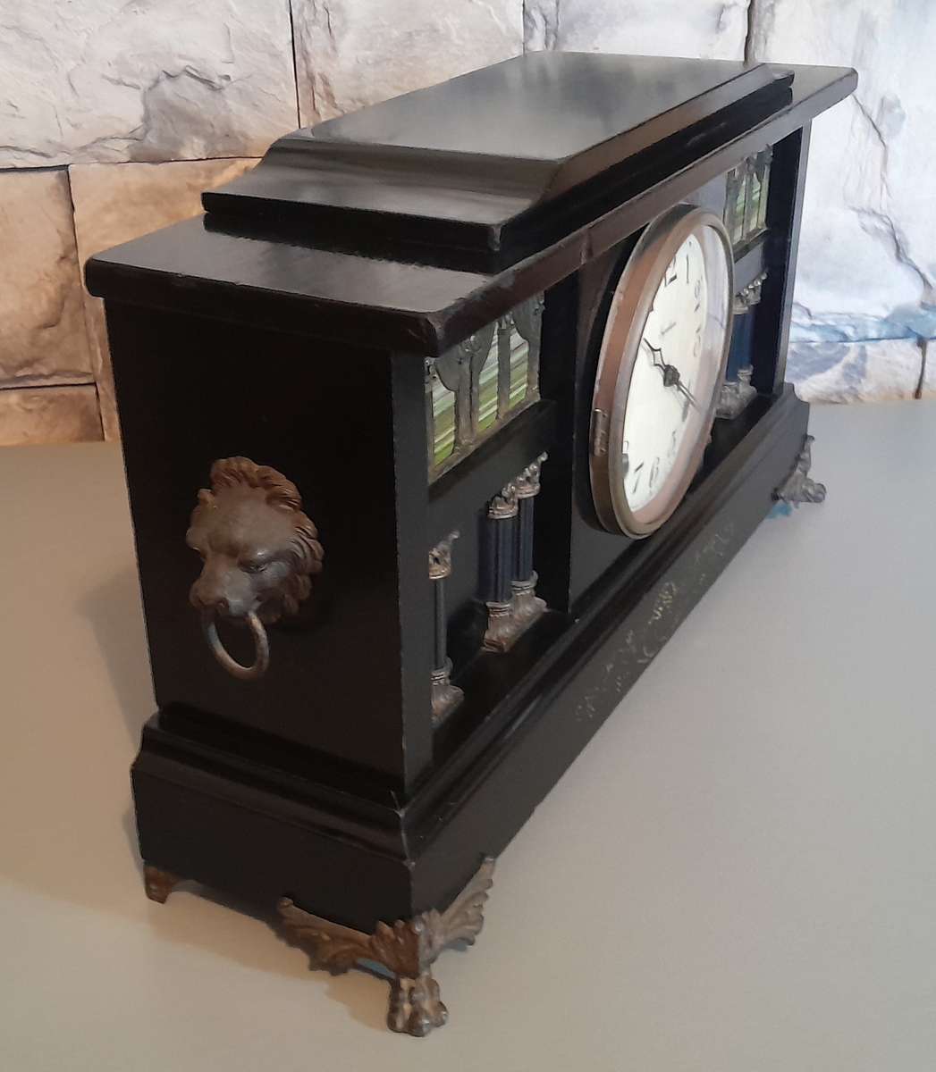 Antique Large Ingraham 8-Column Ebonized Mantel Clock. Running. 51cm.