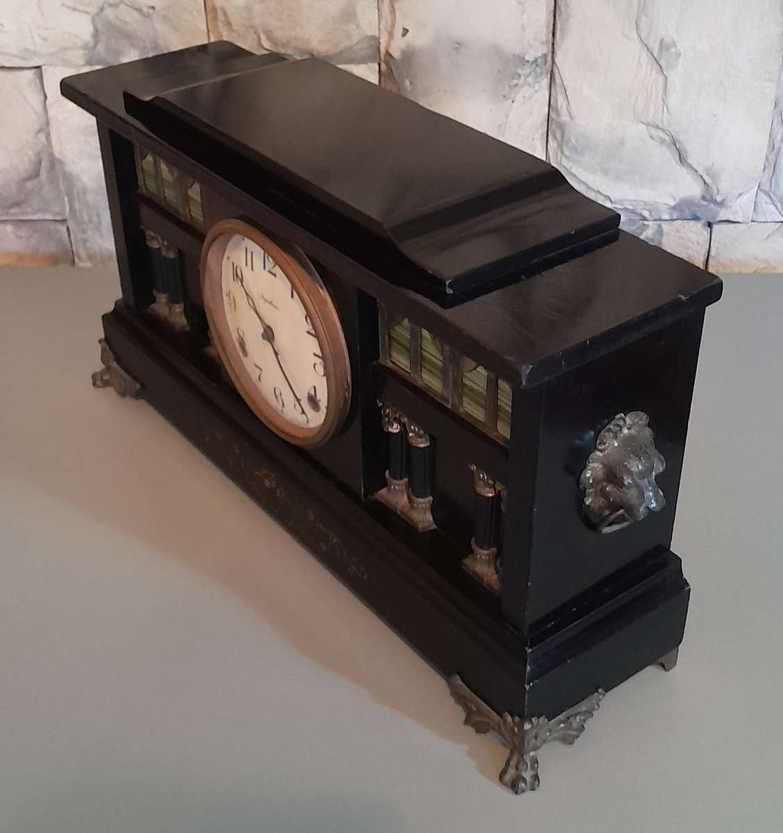 Antique Large Ingraham 8-Column Ebonized Mantel Clock. Running. 51cm.