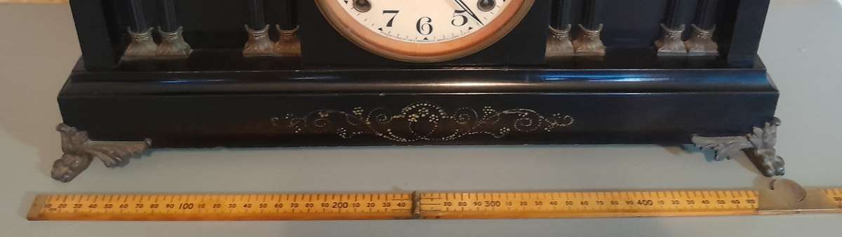 Antique Large Ingraham 8-Column Ebonized Mantel Clock. Running. 51cm.