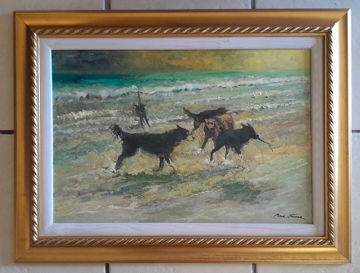 "Reserved" SA Artist Peter Jander Impressionist Oil On Board "Dogs on The Beach".
