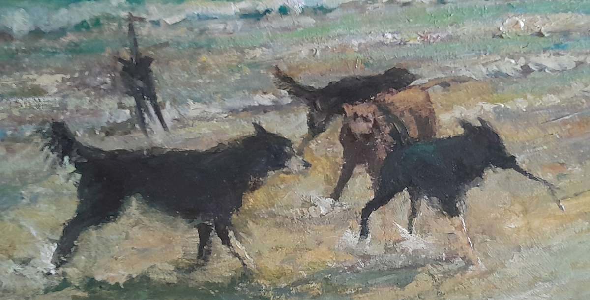 "Reserved" SA Artist Peter Jander Impressionist Oil On Board "Dogs on The Beach".