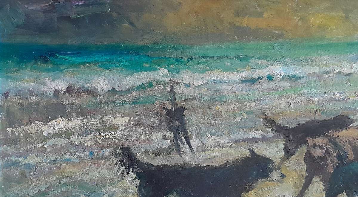 "Reserved" SA Artist Peter Jander Impressionist Oil On Board "Dogs on The Beach".