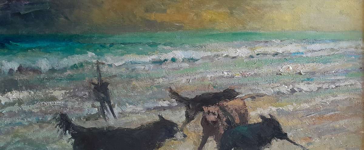 "Reserved" SA Artist Peter Jander Impressionist Oil On Board "Dogs on The Beach".