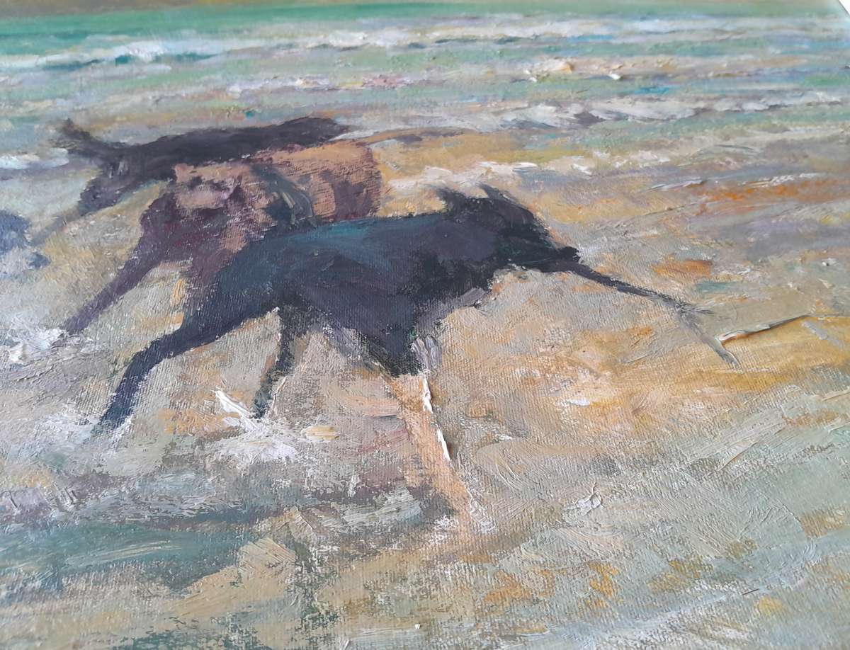 "Reserved" SA Artist Peter Jander Impressionist Oil On Board "Dogs on The Beach".