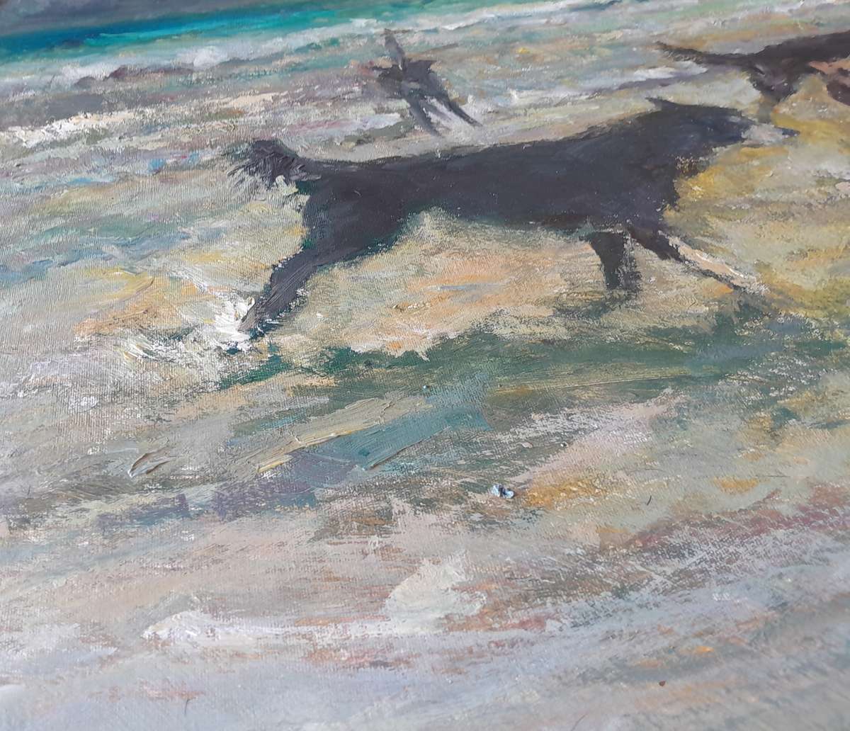 "Reserved" SA Artist Peter Jander Impressionist Oil On Board "Dogs on The Beach".