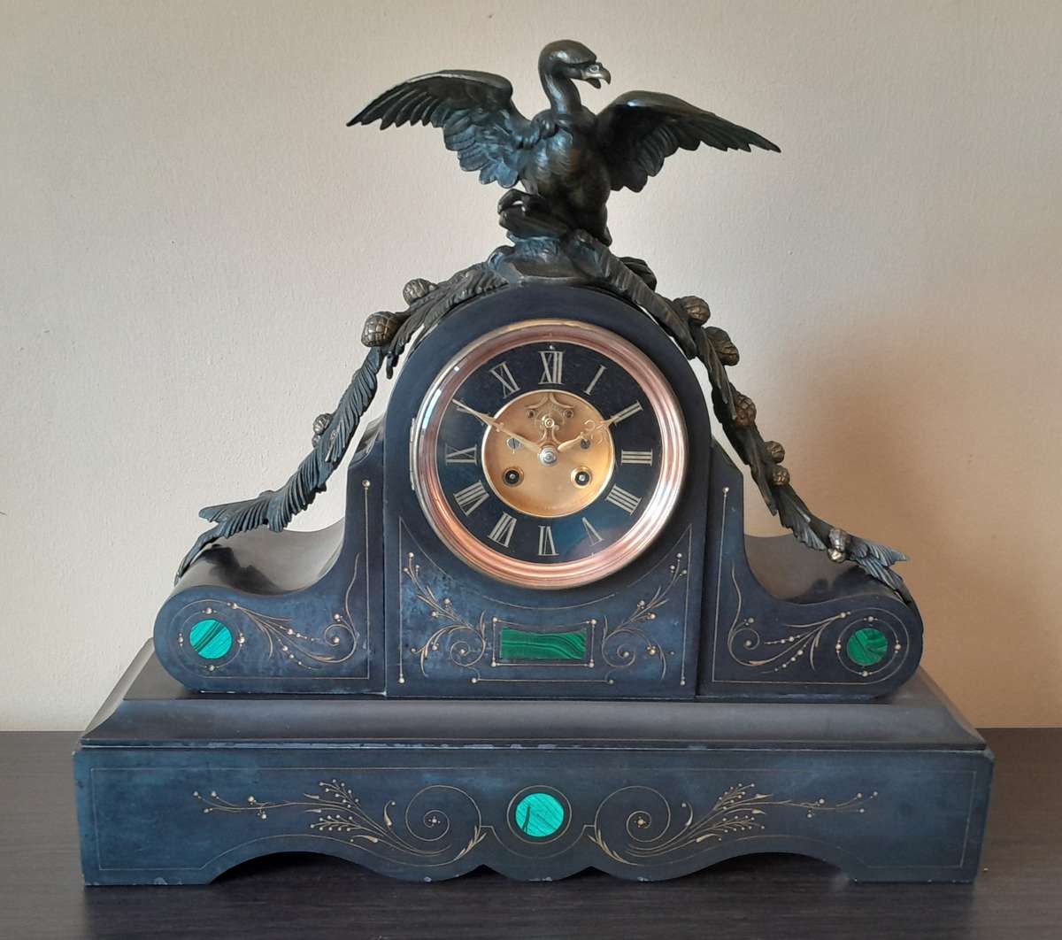 "Reserved". Antique AD Mougin Black Slate & Bronze Mantel Clock.  50 x 45cm.  Running.