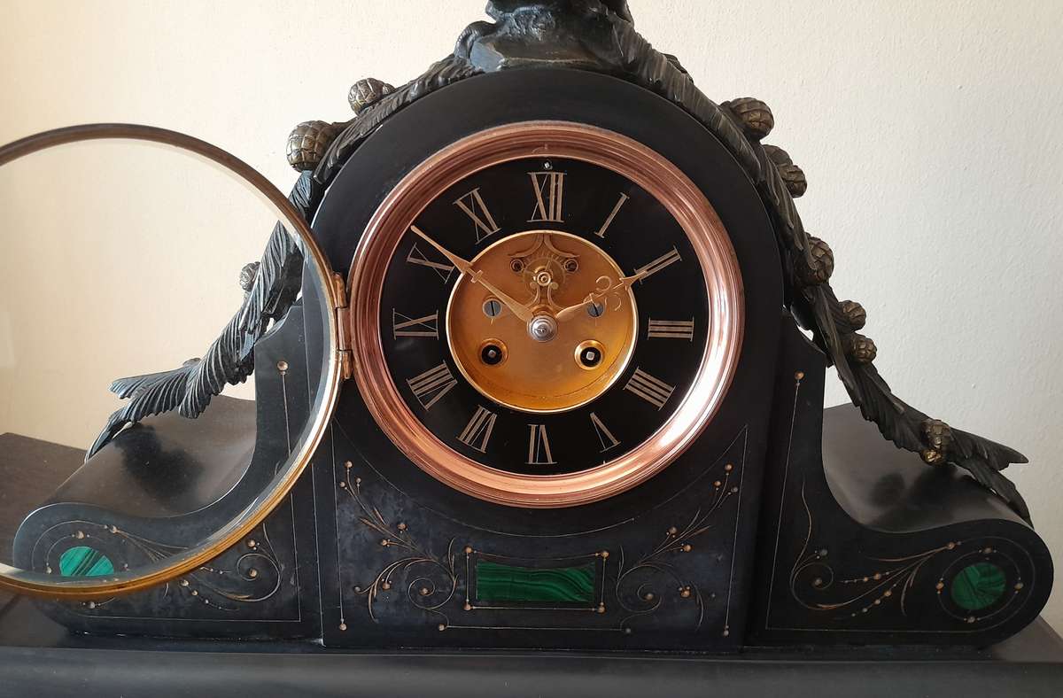 "Reserved". Antique AD Mougin Black Slate & Bronze Mantel Clock.  50 x 45cm.  Running.