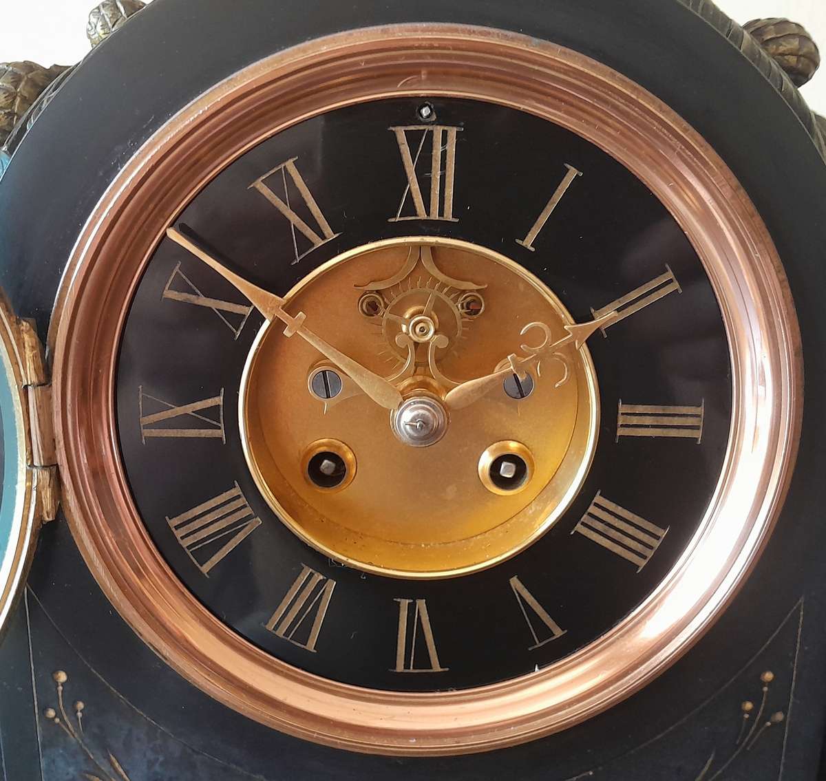 "Reserved". Antique AD Mougin Black Slate & Bronze Mantel Clock.  50 x 45cm.  Running.