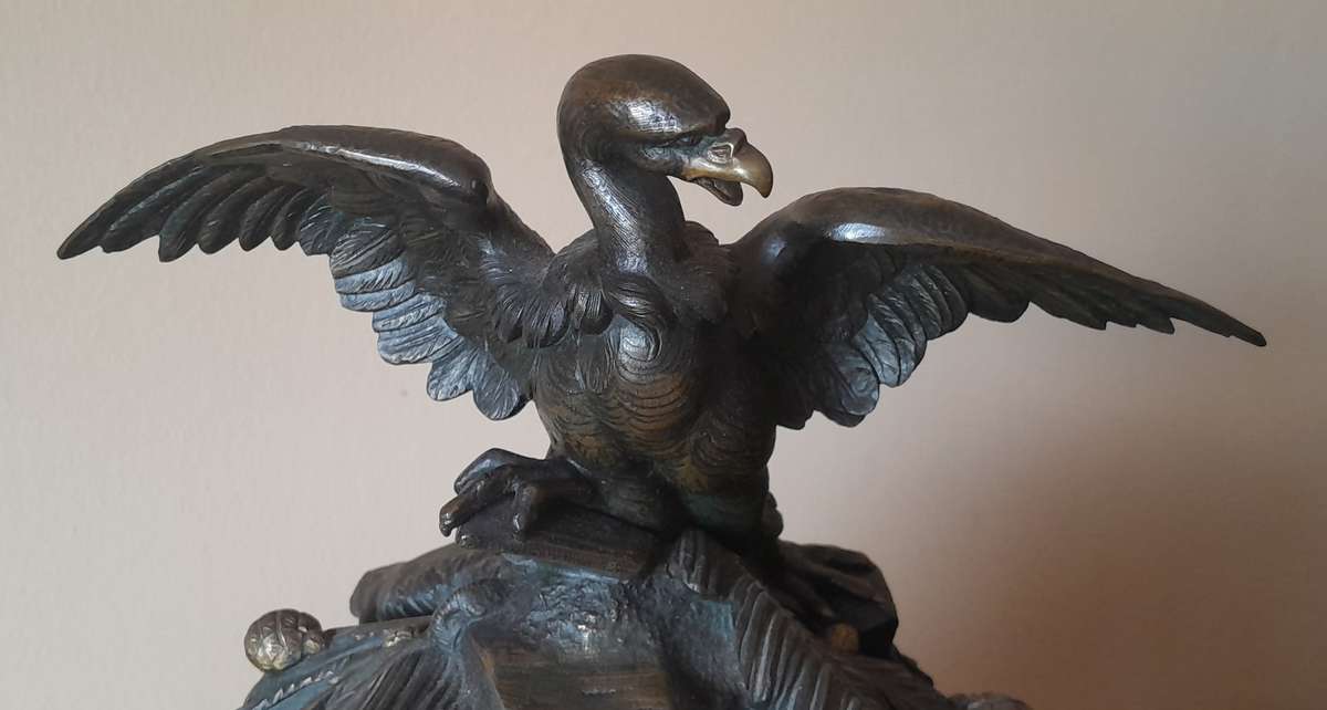 "Reserved". Antique AD Mougin Black Slate & Bronze Mantel Clock.  50 x 45cm.  Running.