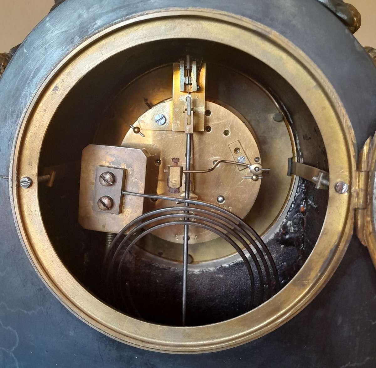 "Reserved". Antique AD Mougin Black Slate & Bronze Mantel Clock.  50 x 45cm.  Running.