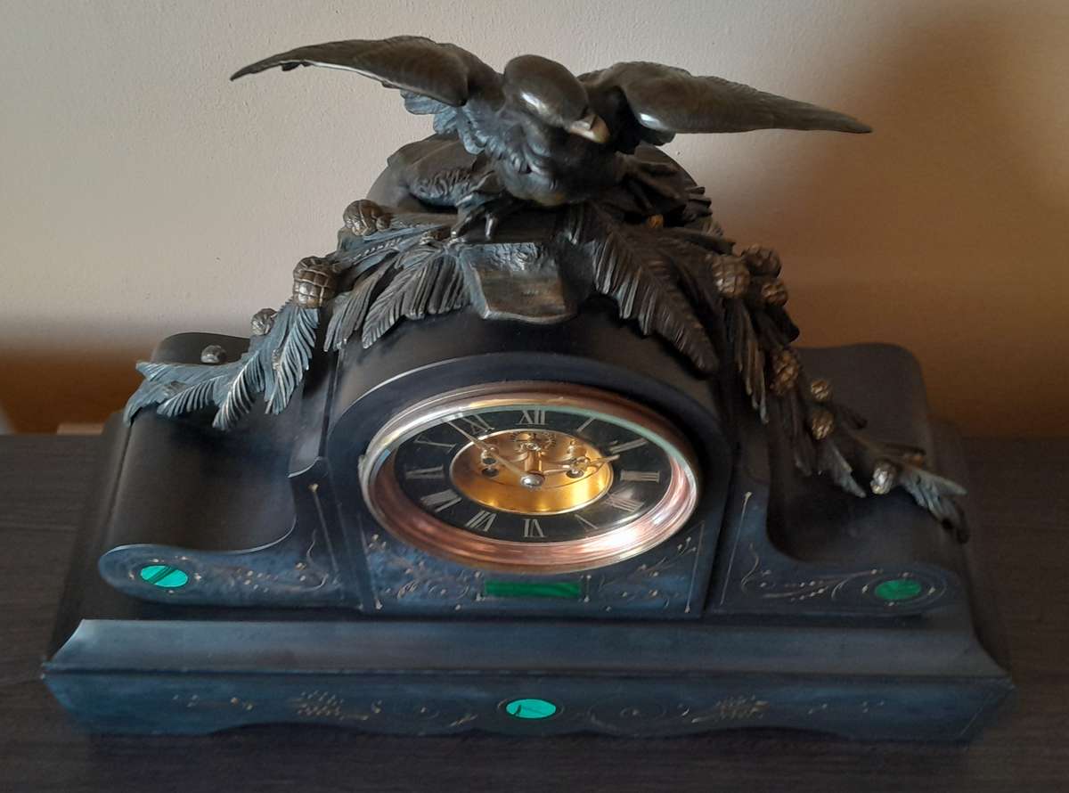 "Reserved". Antique AD Mougin Black Slate & Bronze Mantel Clock.  50 x 45cm.  Running.