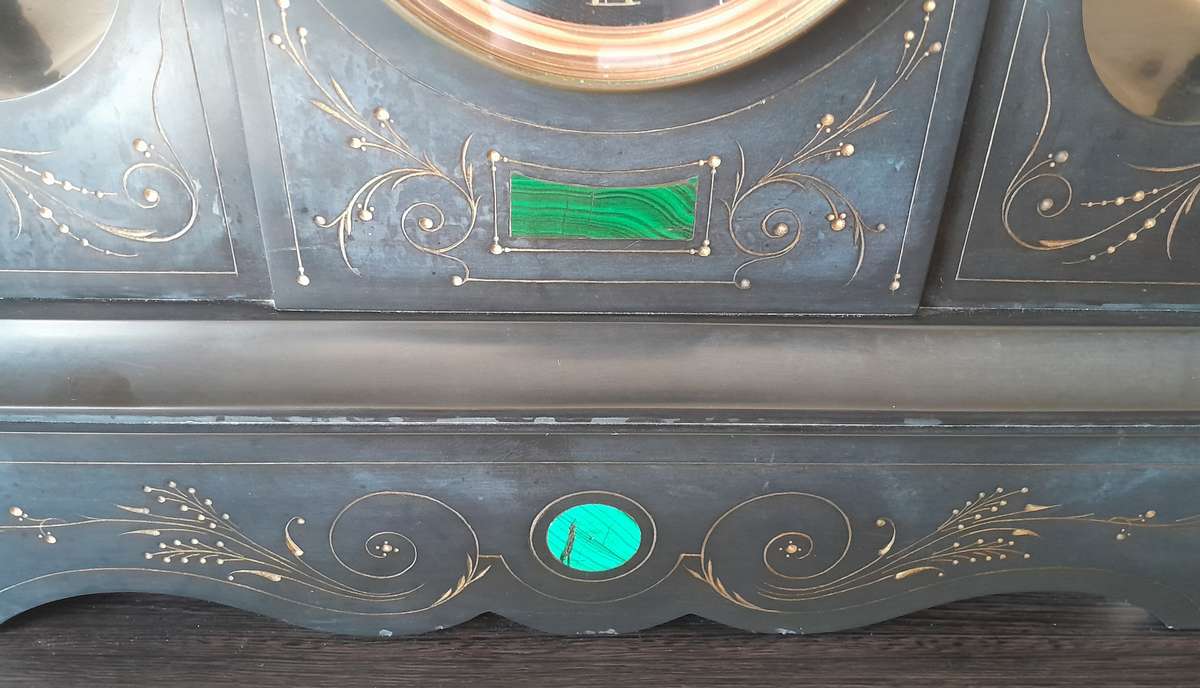 "Reserved". Antique AD Mougin Black Slate & Bronze Mantel Clock.  50 x 45cm.  Running.