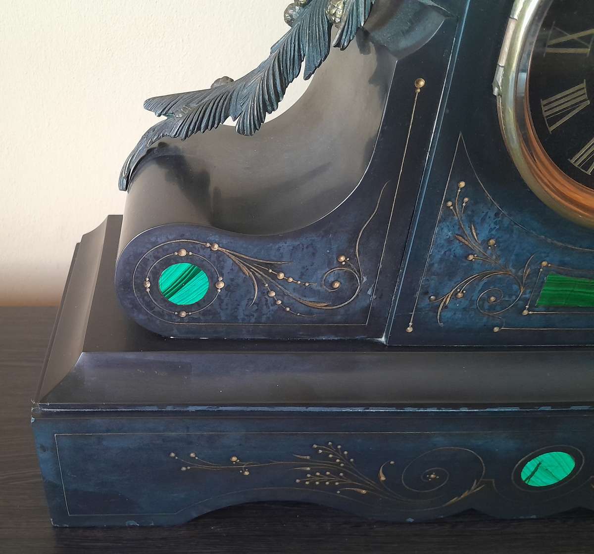 "Reserved". Antique AD Mougin Black Slate & Bronze Mantel Clock.  50 x 45cm.  Running.