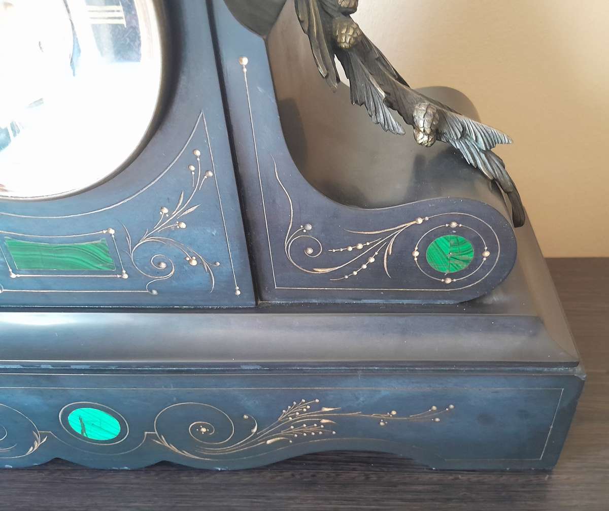 "Reserved". Antique AD Mougin Black Slate & Bronze Mantel Clock.  50 x 45cm.  Running.