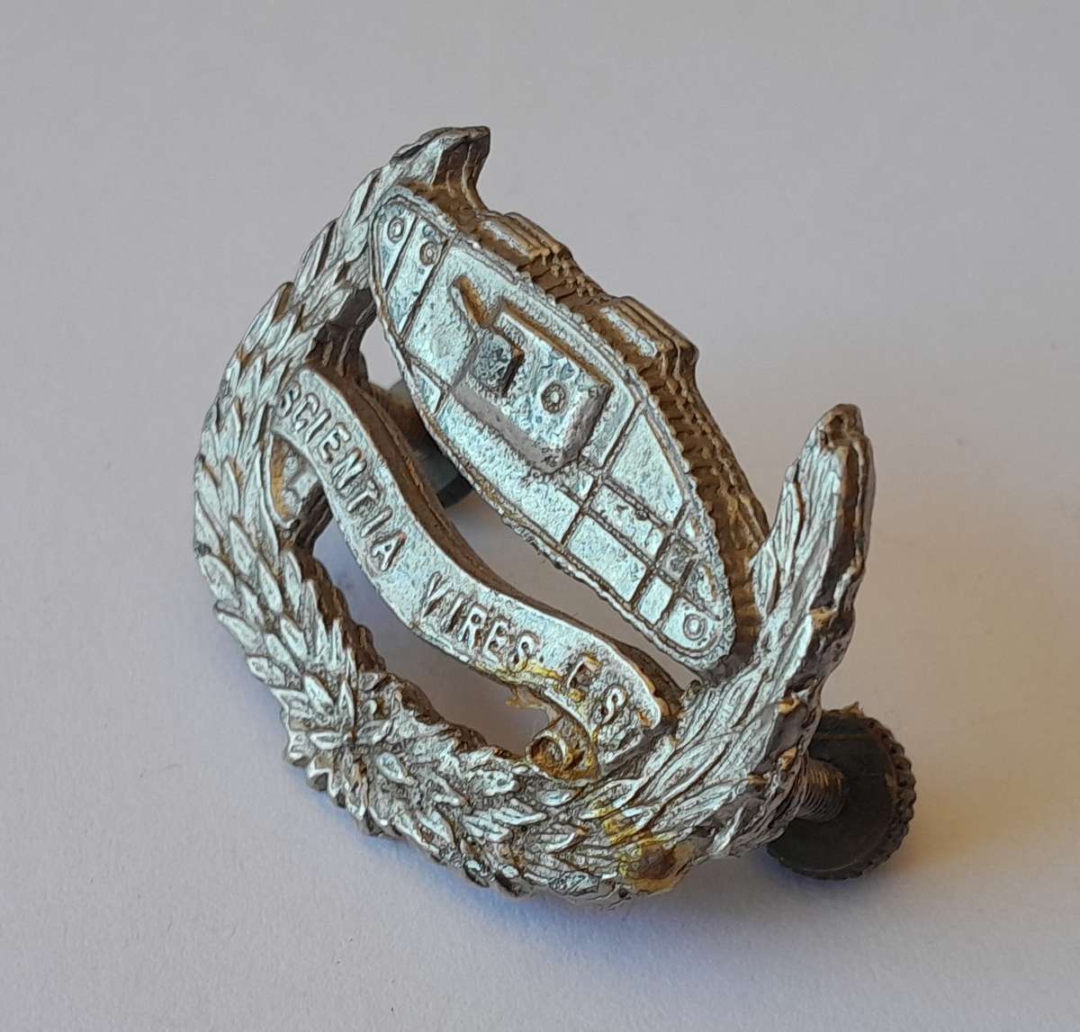 Early SA School of Armour Beret Badge.  Lugs Intact.