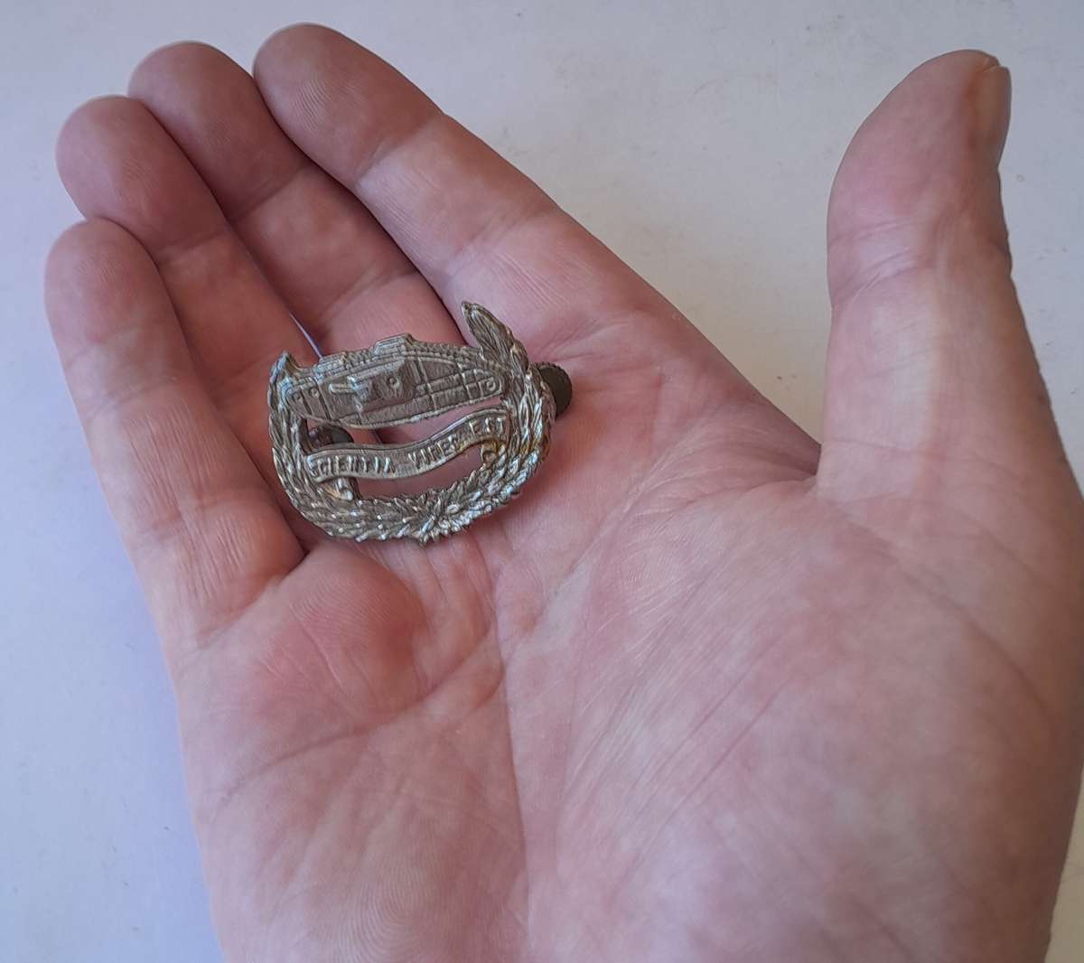 Early SA School of Armour Beret Badge.  Lugs Intact.