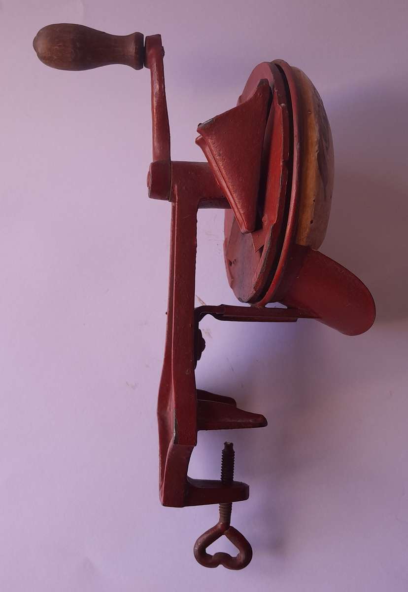 Antique Folk Art Cast Iron Hand Painted Bean Slicer.