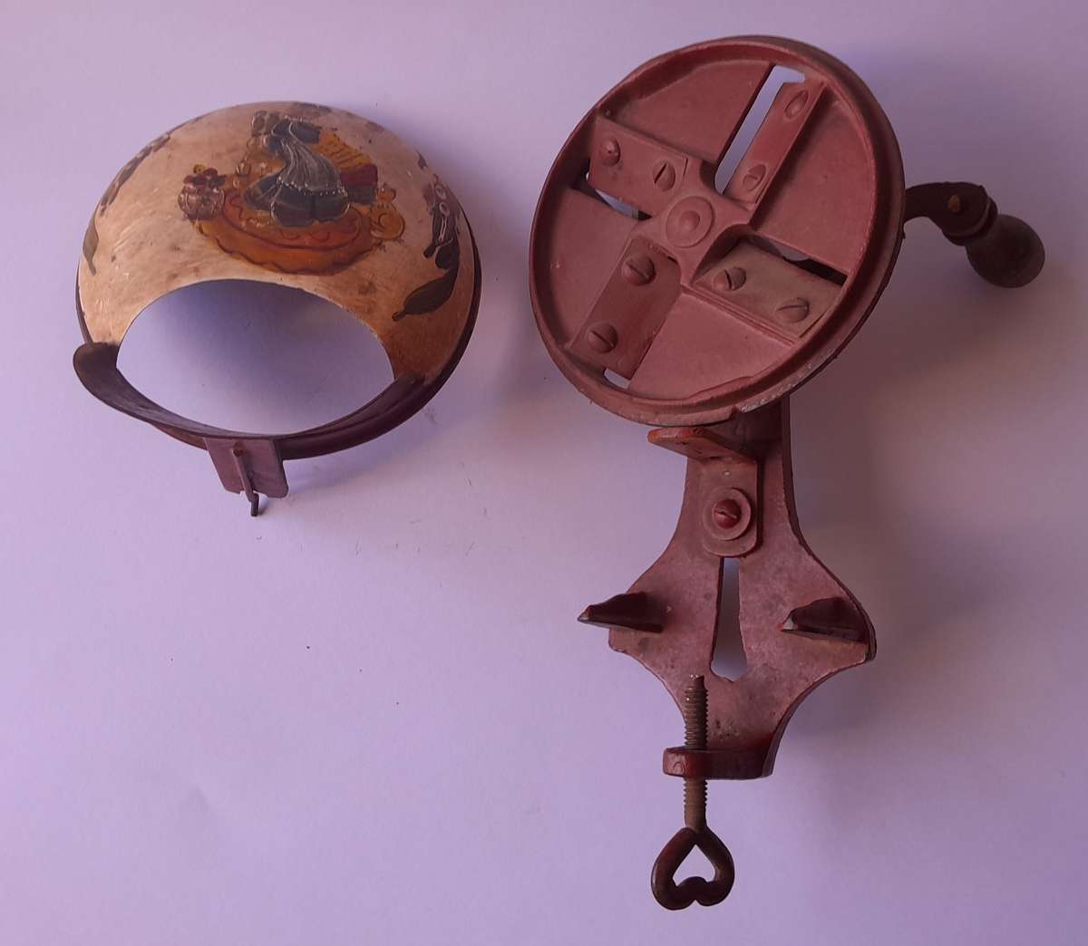 Antique Folk Art Cast Iron Hand Painted Bean Slicer.