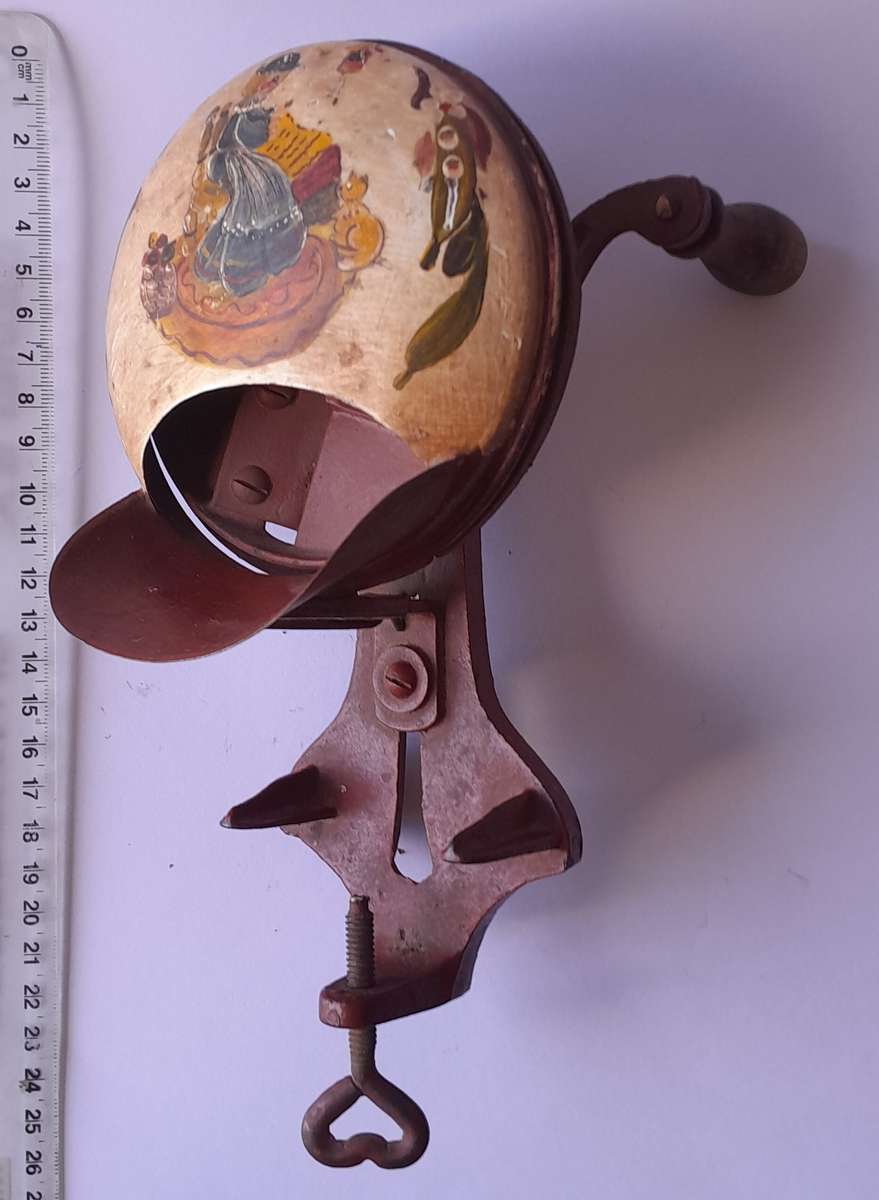 Antique Folk Art Cast Iron Hand Painted Bean Slicer.