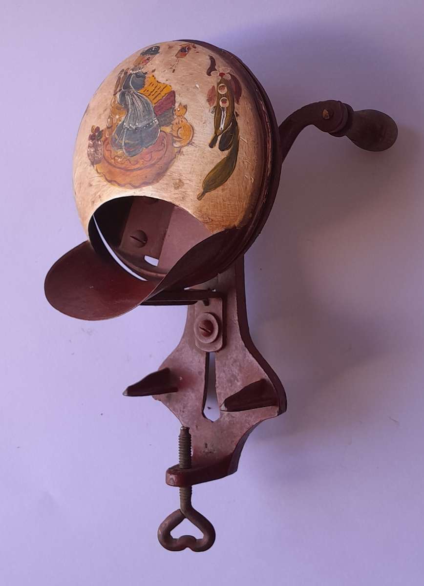 Antique Folk Art Cast Iron Hand Painted Bean Slicer.
