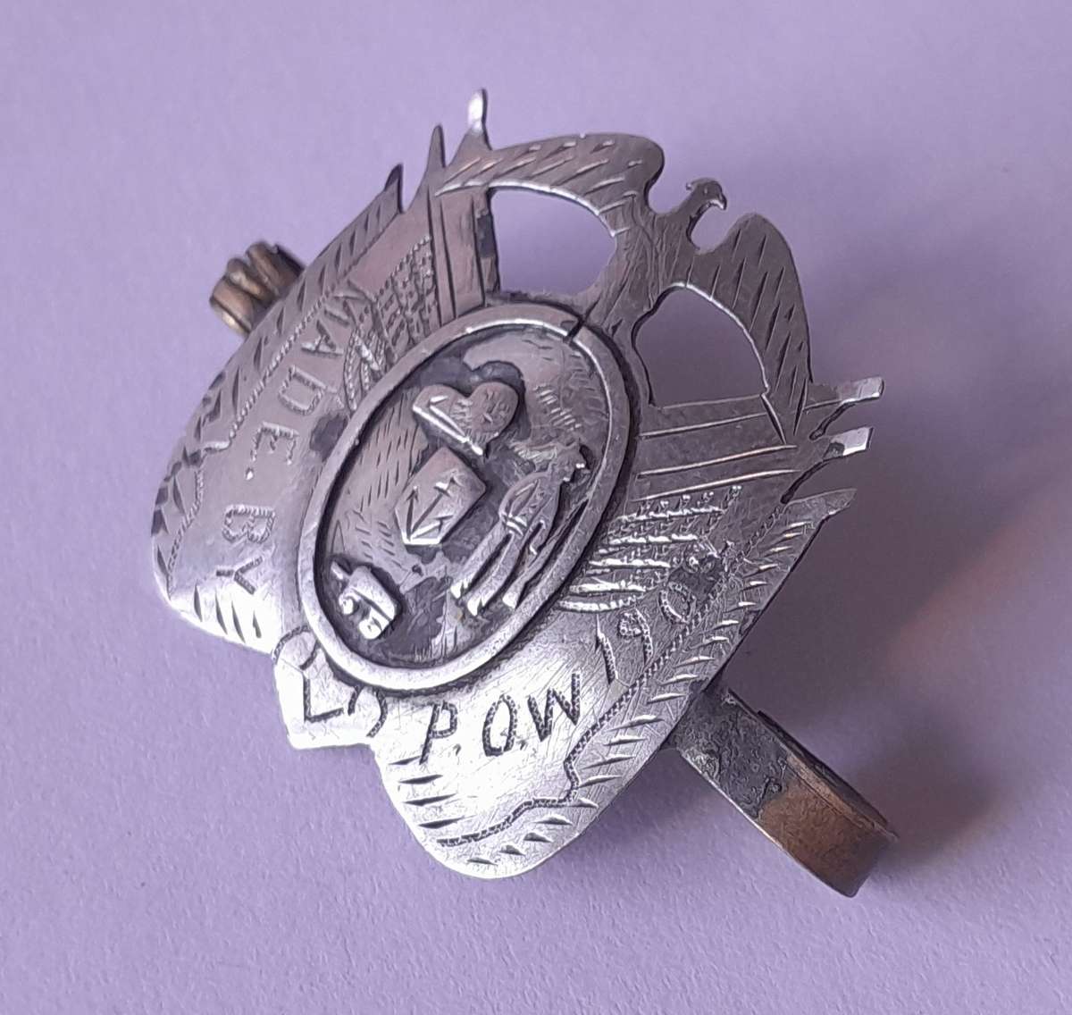 Rare Boer War 1902 POW Silver Badge with ZAR Coat-of-Arms. Clasp Intact.