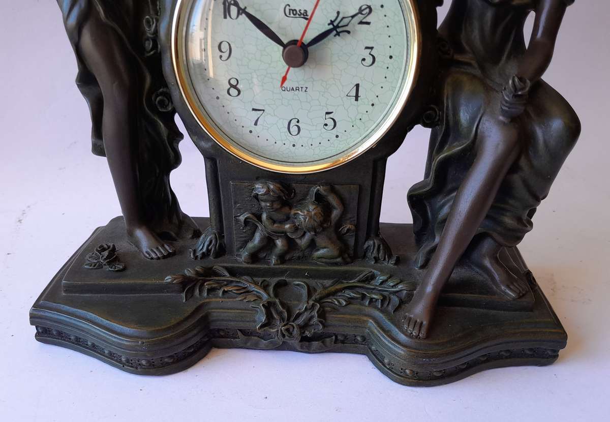 Vintage "Crosa" Quartz Clock with Cold Cast Bronze Casing. Working. 25x20.5cm.