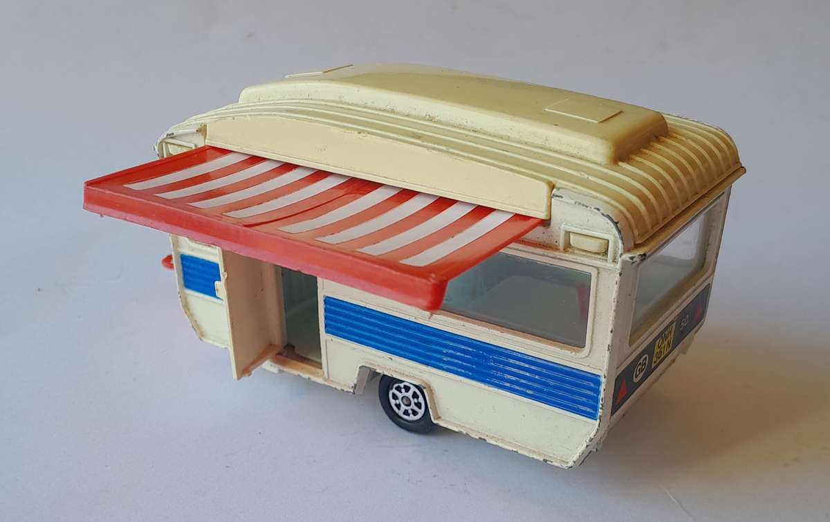 1970's Corgi Die Cast Touring Caravan with Extending Canopy.  12cm.
