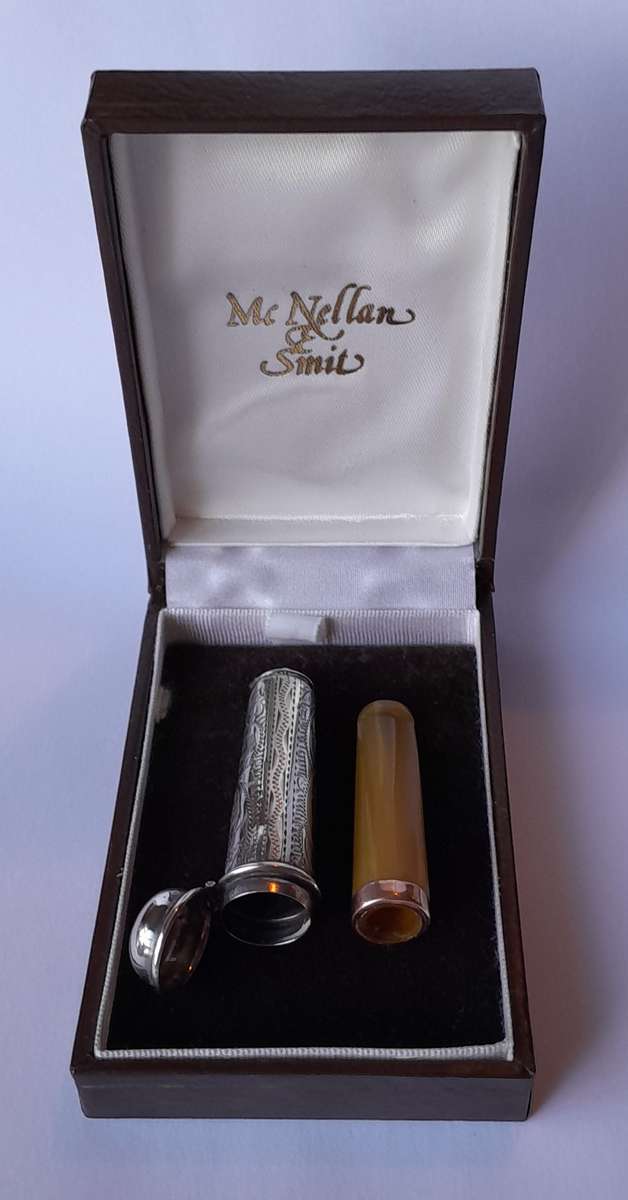 "Reserved" Antique 9ct Gold and Amber Cheroot Holder with Sterling Silver Case. London, 1916.