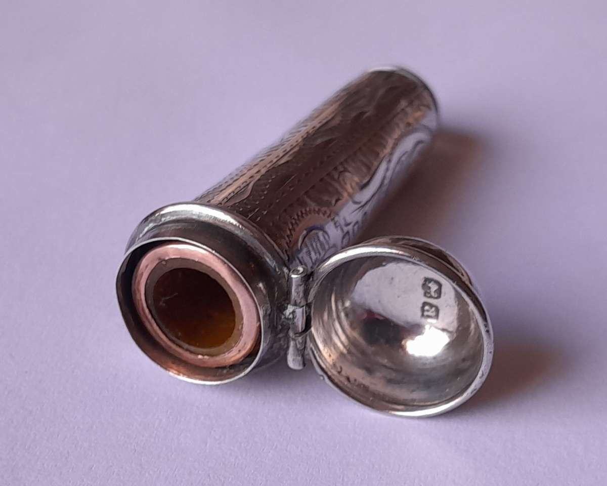 "Reserved" Antique 9ct Gold and Amber Cheroot Holder with Sterling Silver Case. London, 1916.