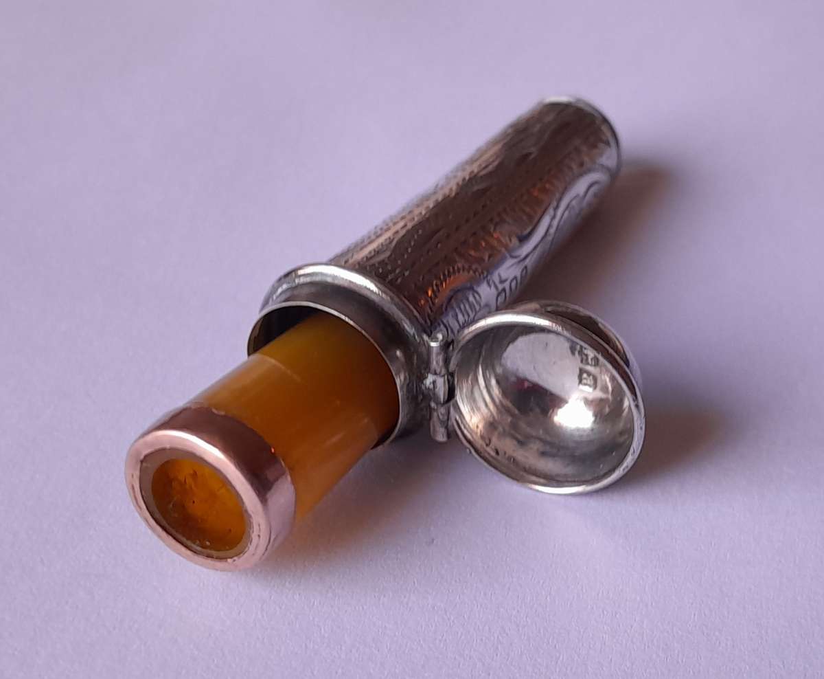 "Reserved" Antique 9ct Gold and Amber Cheroot Holder with Sterling Silver Case. London, 1916.