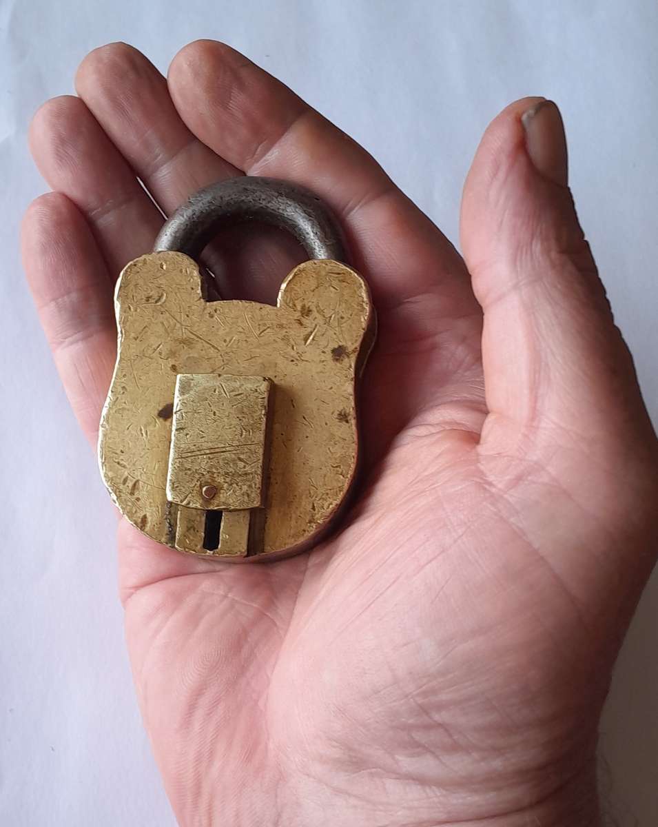 Antique Large Solid Brass Padlock.  No Key.  8 x 5cm
