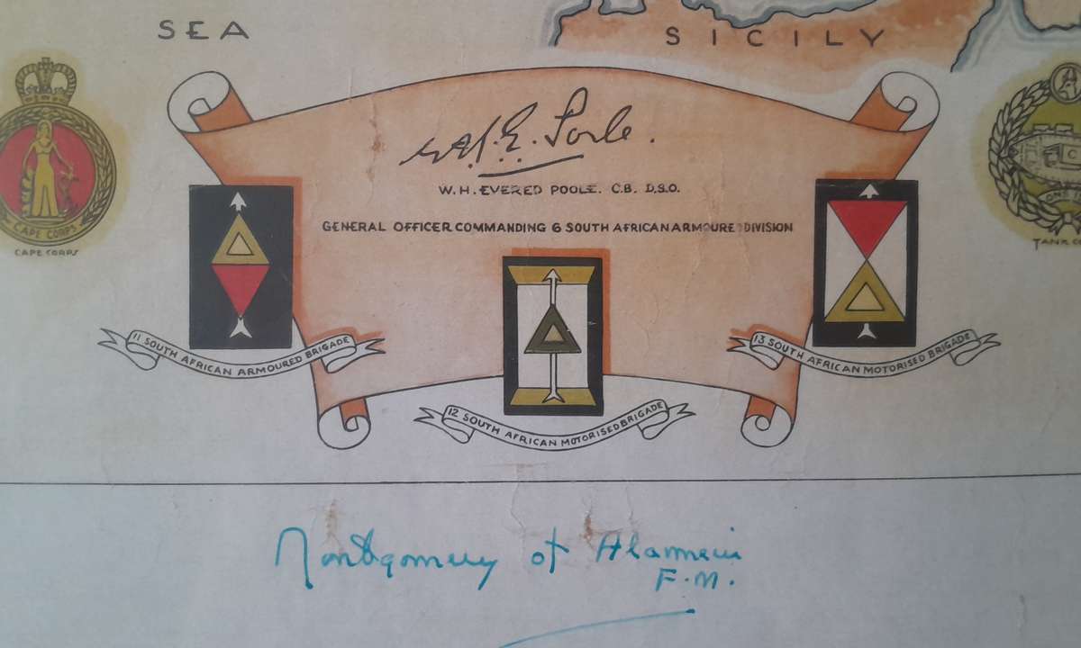 WW2 SA 6th Armoured Division Framed Map. Signed By Field Marshal Montgomery. 64 x 54cm.