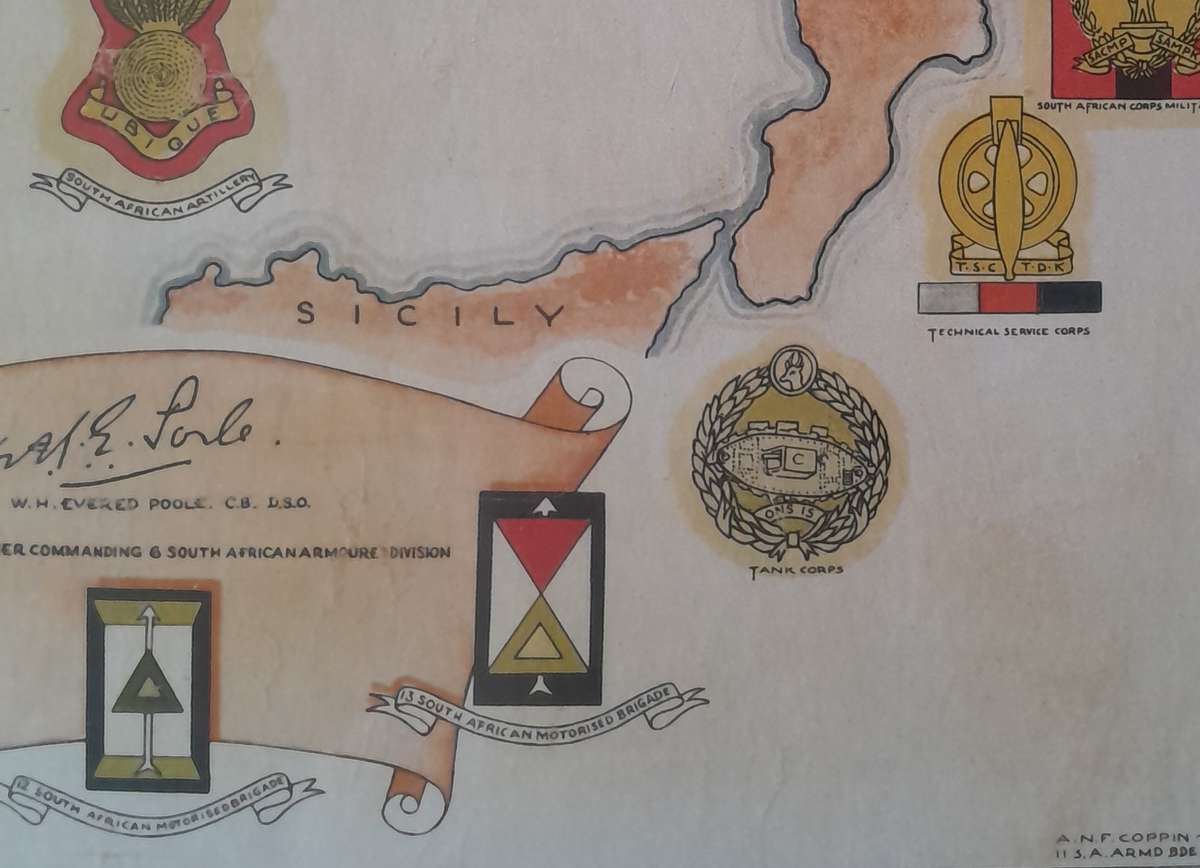 WW2 SA 6th Armoured Division Framed Map. Signed By Field Marshal Montgomery. 64 x 54cm.
