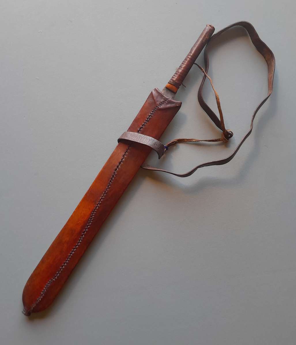 Antique Maasai Seme (Lion's Sword) in Leather Sheath With Shoulder Strap.