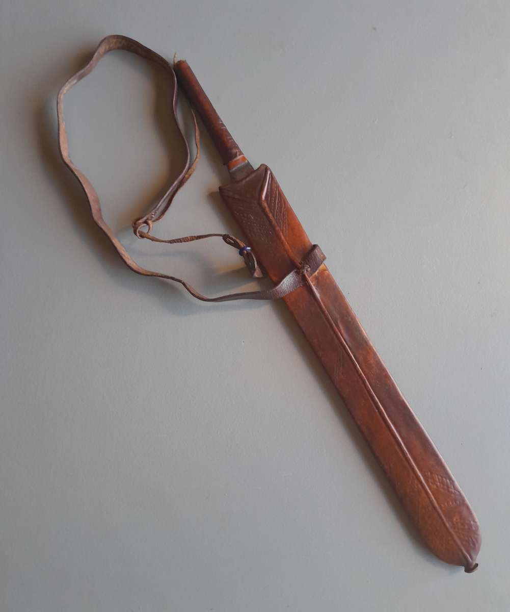 Antique Maasai Seme (Lion's Sword) in Leather Sheath With Shoulder Strap.