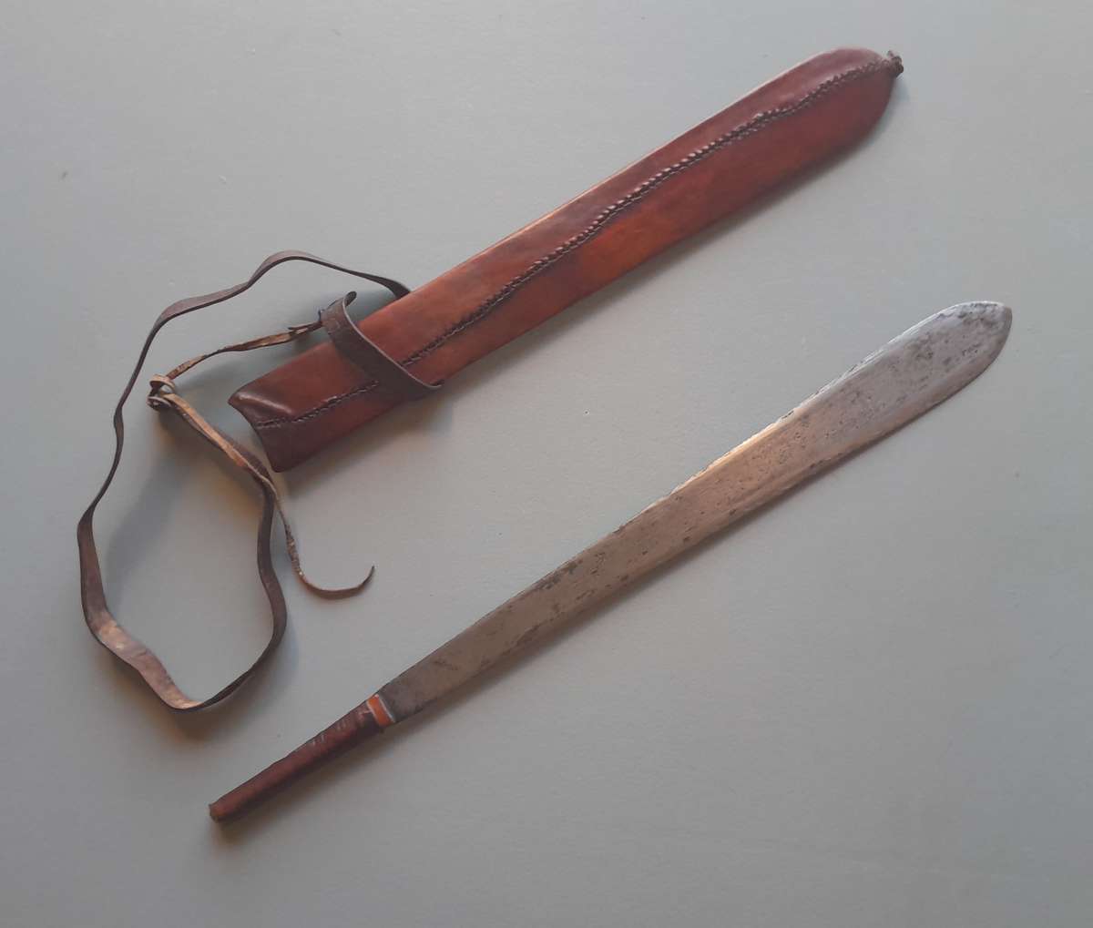 Antique Maasai Seme (Lion's Sword) in Leather Sheath With Shoulder Strap.