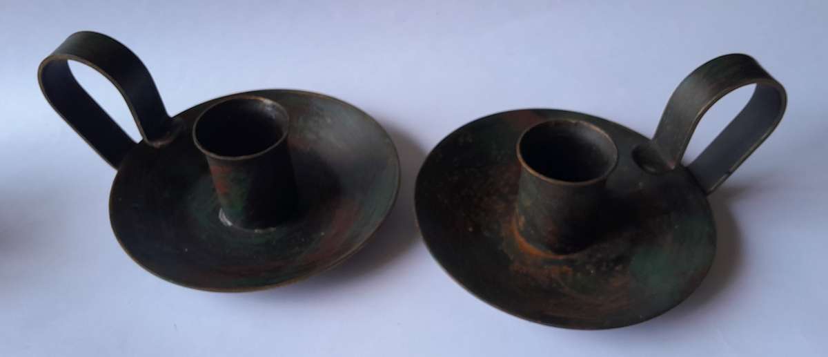 Pair Antique Metal Chamberstick Candle Holders With Bronze & Gilt Painted Finish.