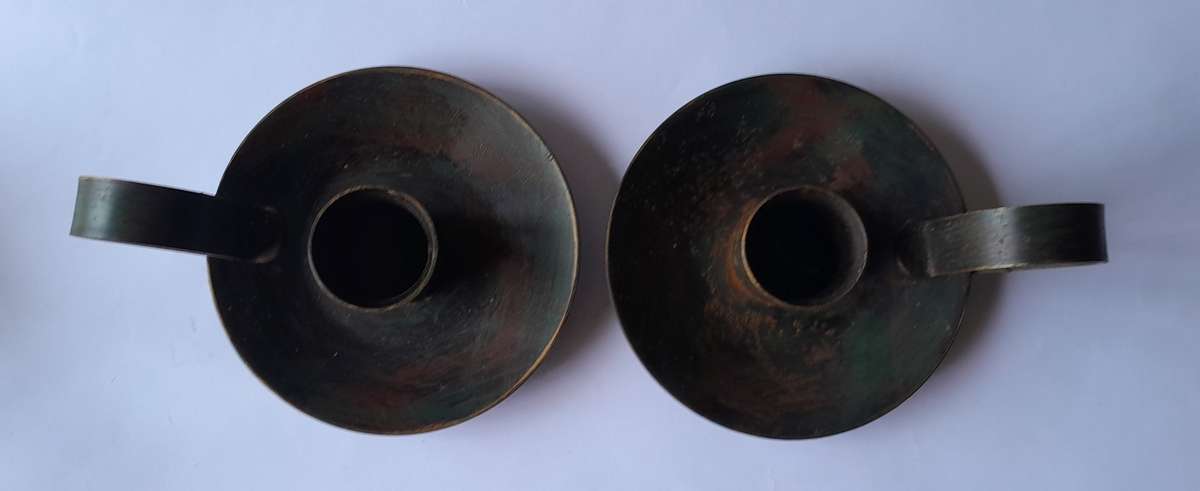 Pair Antique Metal Chamberstick Candle Holders With Bronze & Gilt Painted Finish.