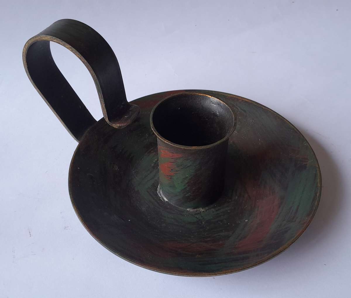 Pair Antique Metal Chamberstick Candle Holders With Bronze & Gilt Painted Finish.