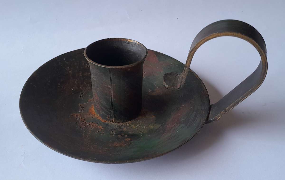 Pair Antique Metal Chamberstick Candle Holders With Bronze & Gilt Painted Finish.