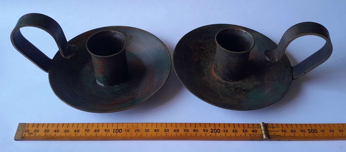 Pair Antique Metal Chamberstick Candle Holders With Bronze & Gilt Painted Finish.