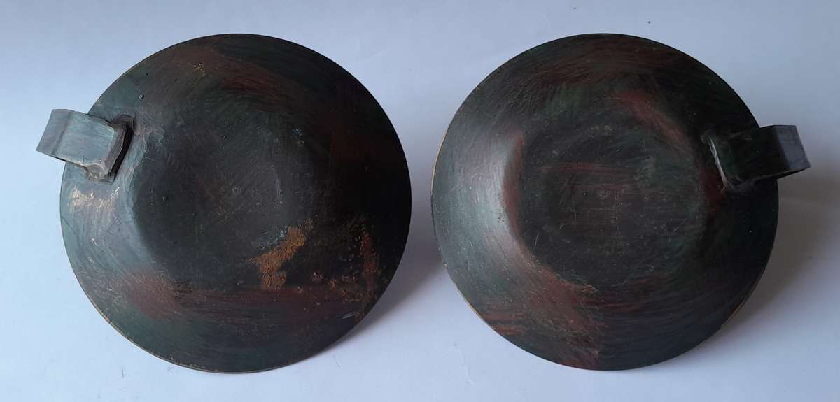 Pair Antique Metal Chamberstick Candle Holders With Bronze & Gilt Painted Finish.