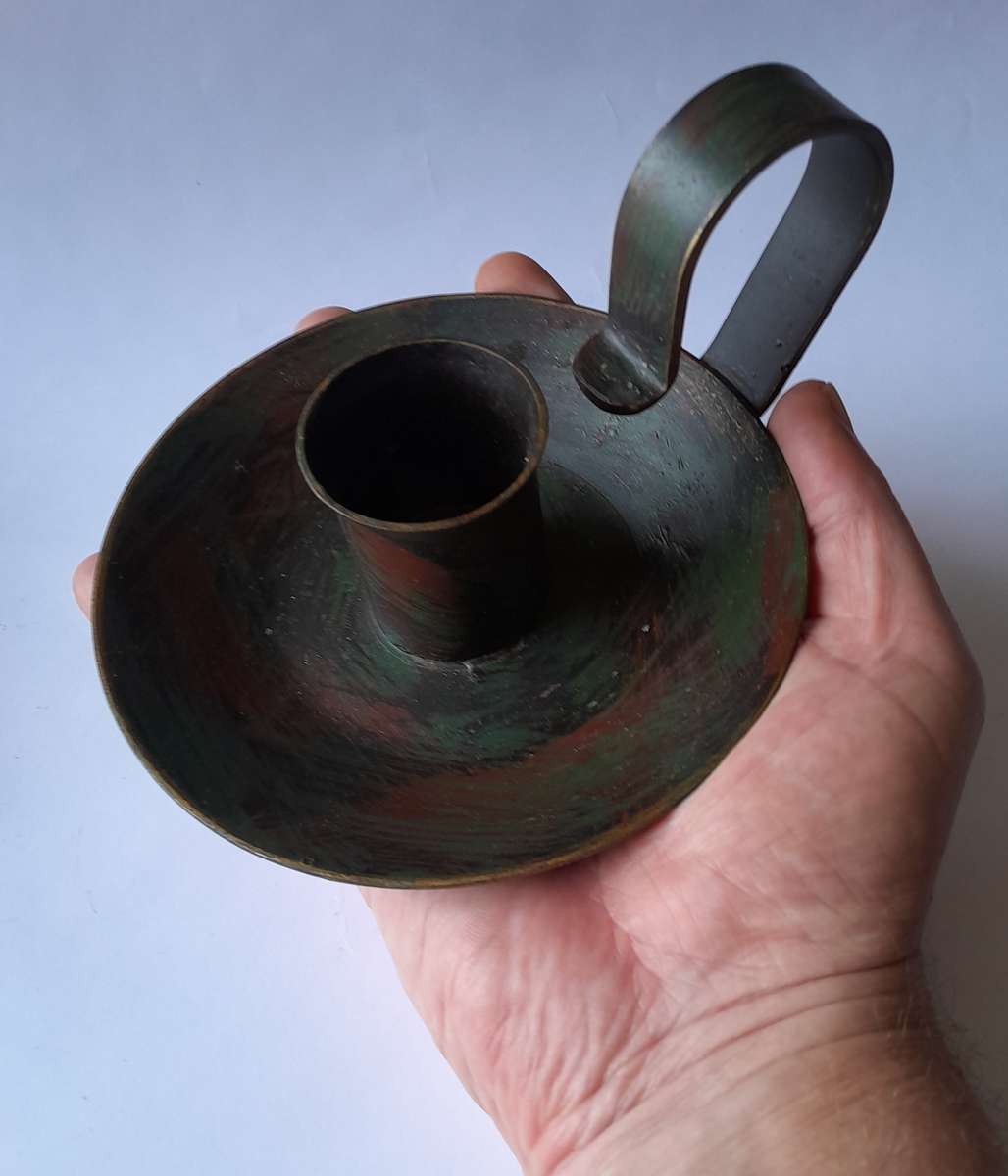 Pair Antique Metal Chamberstick Candle Holders With Bronze & Gilt Painted Finish.