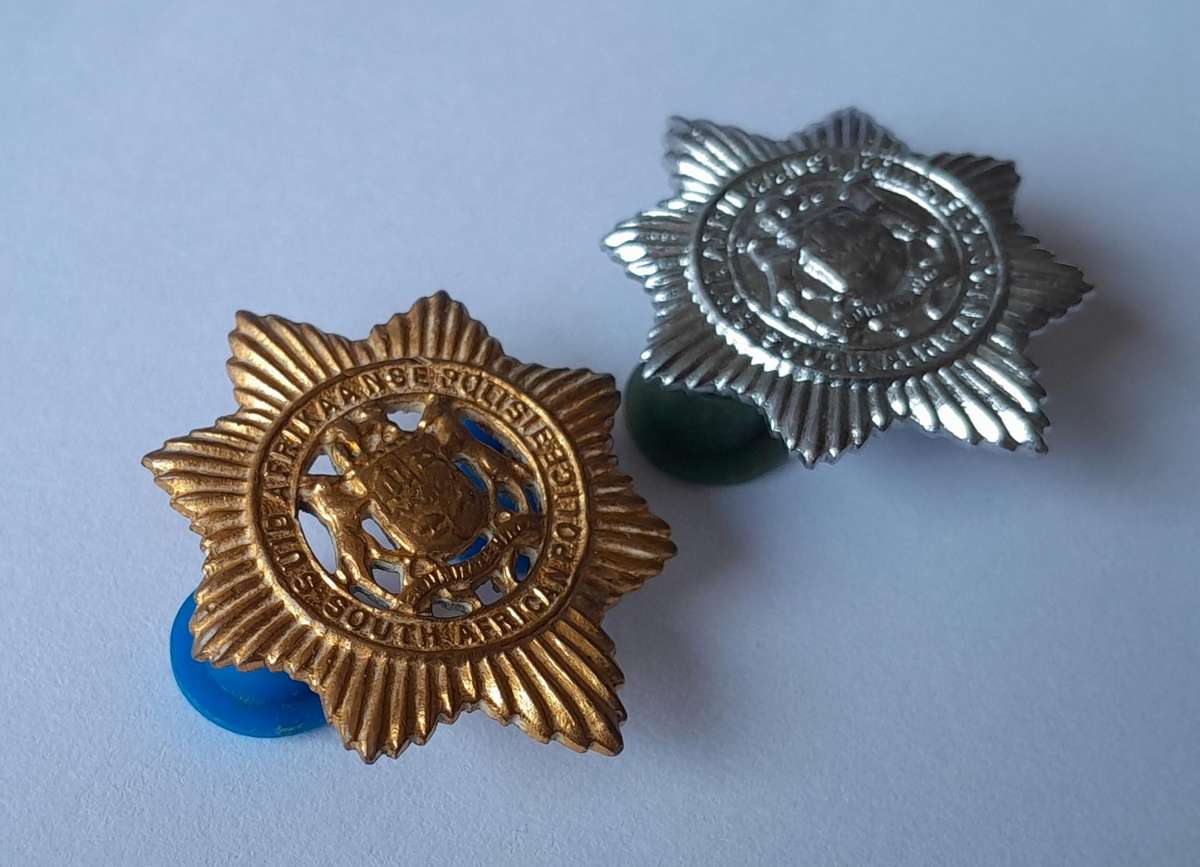 Pair SAP Collar Badges.  Brass & Chrome Types.  Pins Intact.