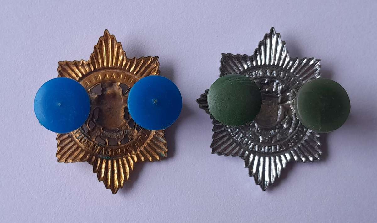 Pair SAP Collar Badges.  Brass & Chrome Types.  Pins Intact.
