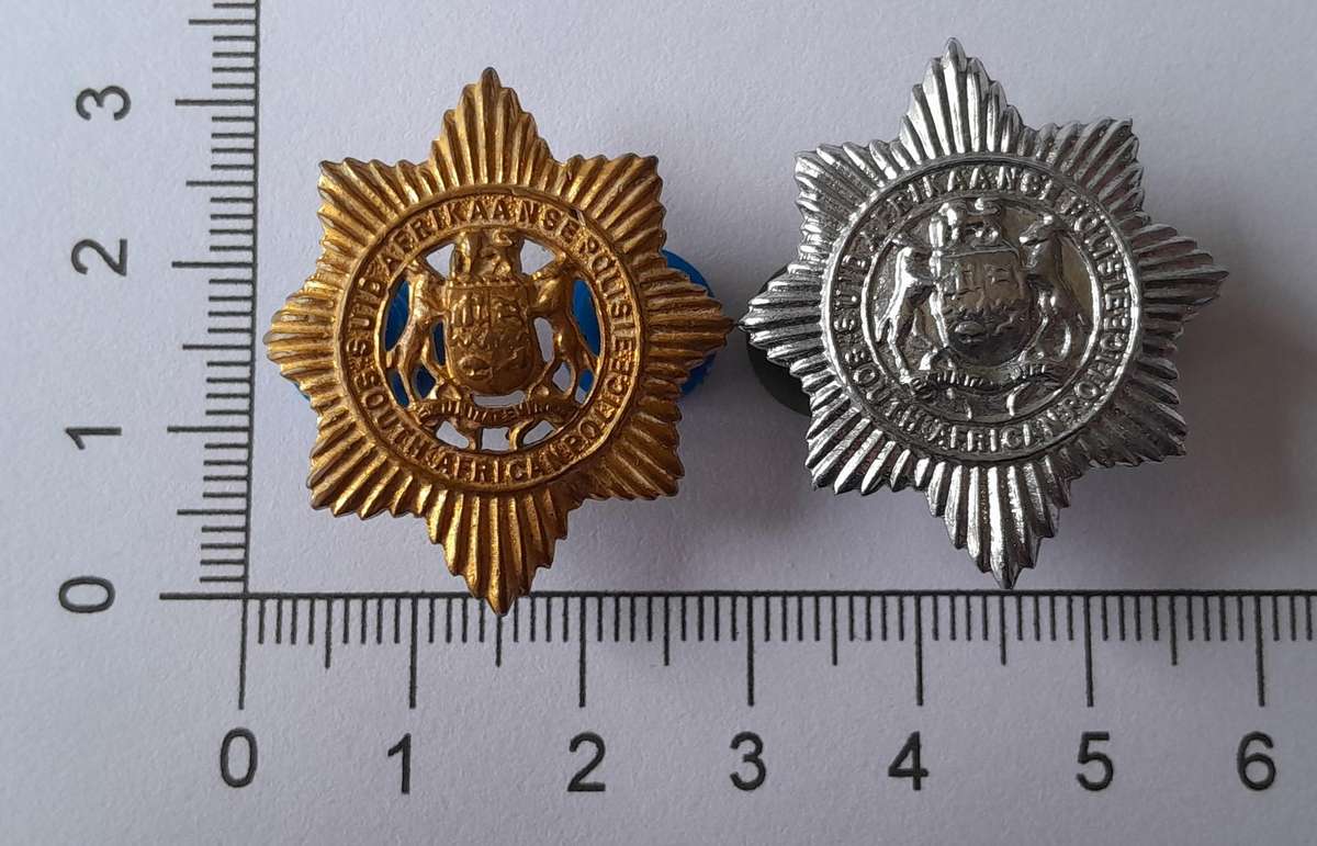 Pair SAP Collar Badges.  Brass & Chrome Types.  Pins Intact.